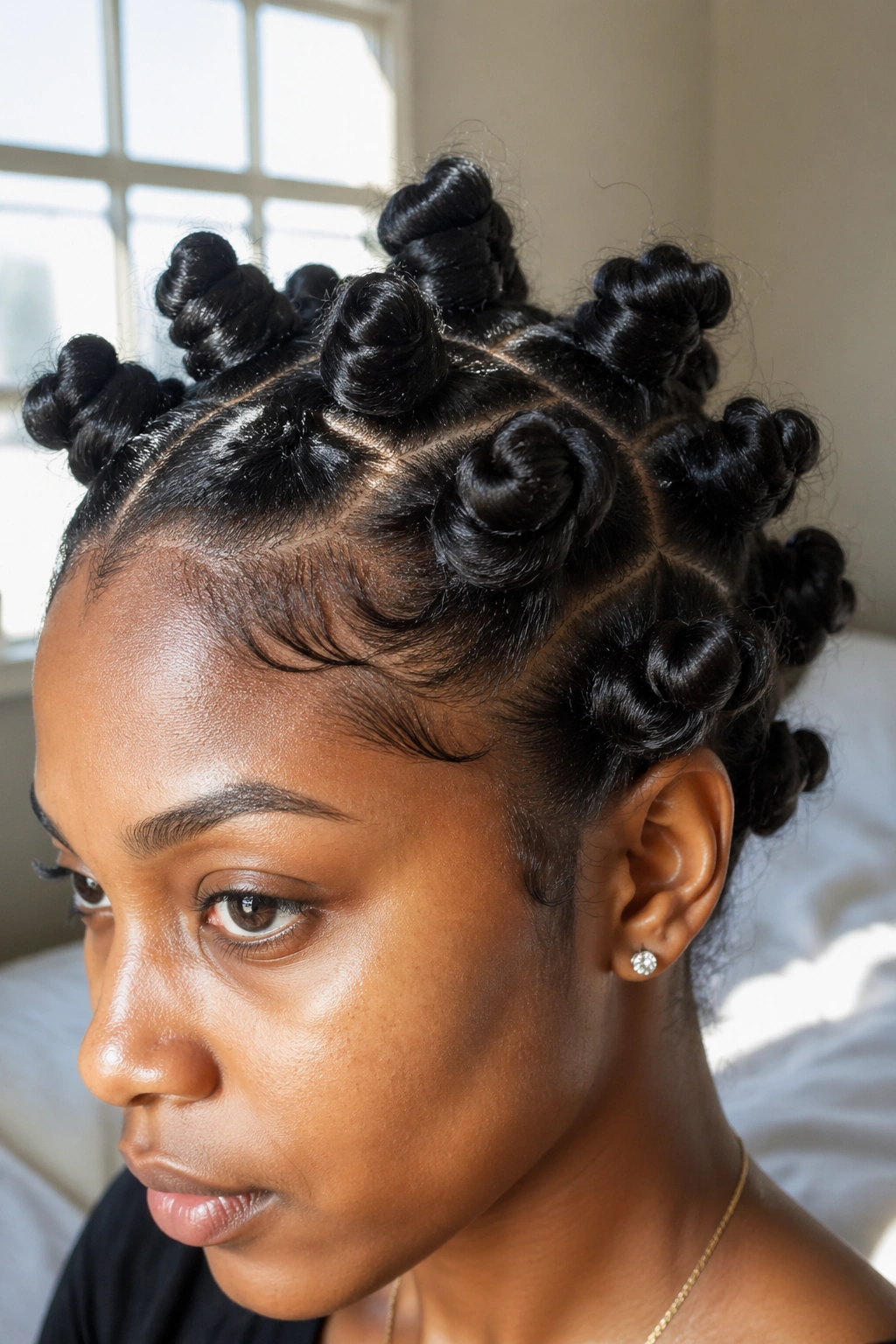 Close-up portrait of a real woman with bantu knots on her scalp in natural light