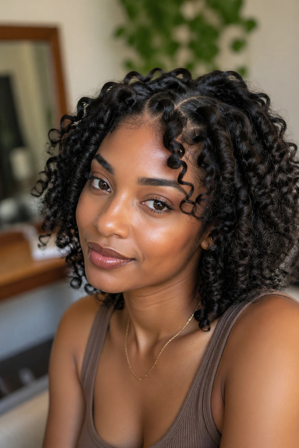 Close-up of a real woman with released bantu knot curls