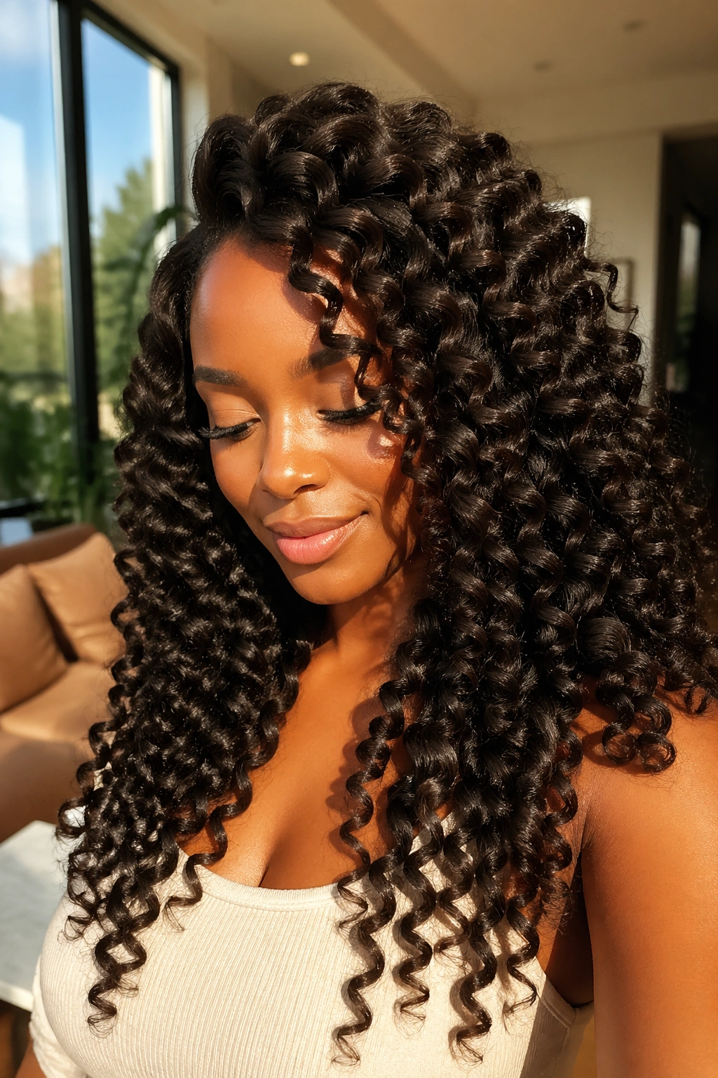 Close-up of a woman with long flowing ringlets from Bantu knot-out.