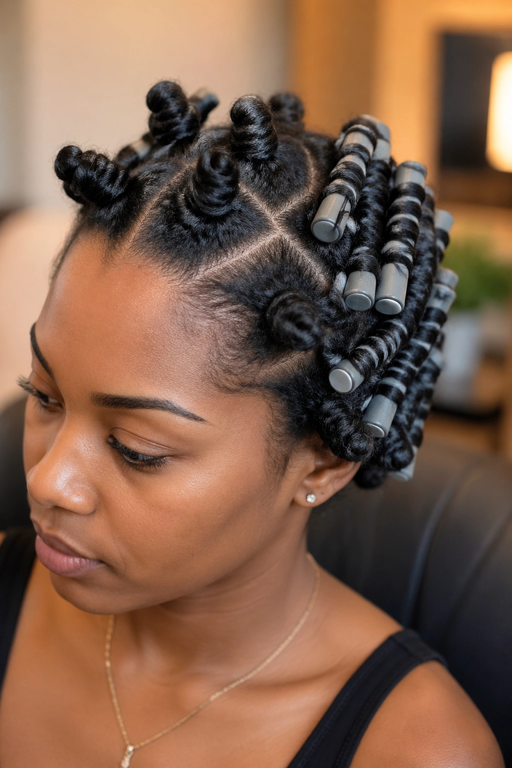 Close-up of a real woman showing Bantu knots and rod curls hybrid hairstyle