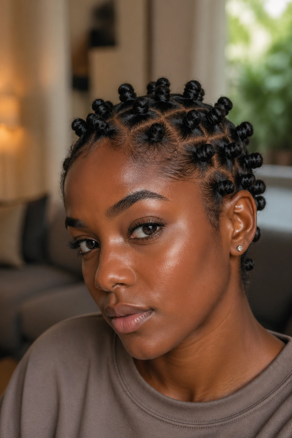 Close-up portrait of a Black woman with short hair in tiny Bantu knots