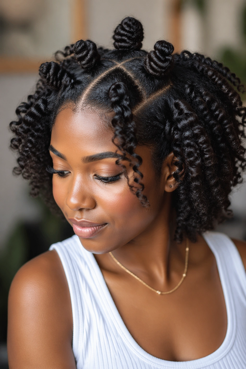 Close-up of a real woman with Bantu knots on the crown and sides