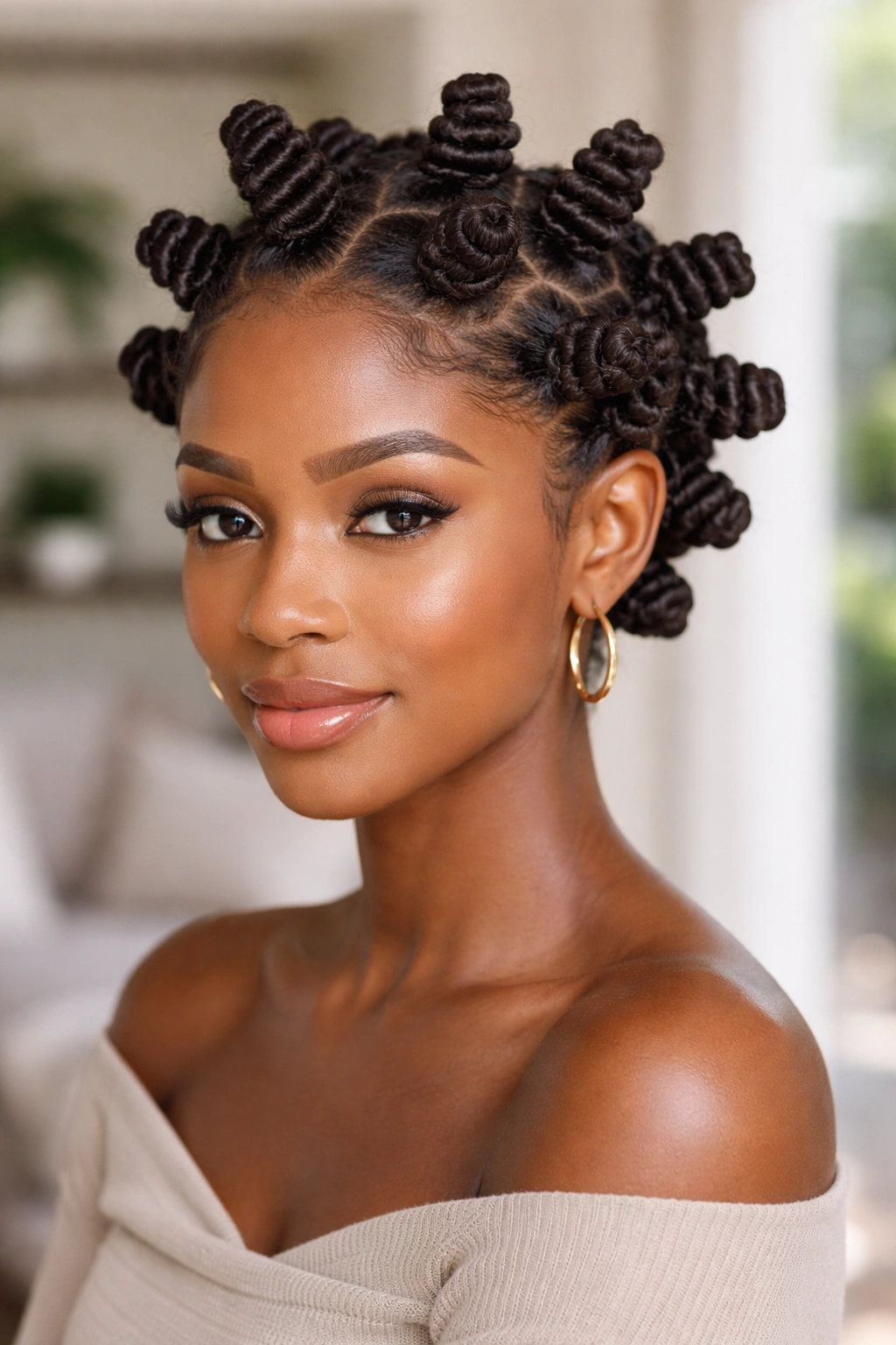 Close-up of real person with Bantu knots on tight curls