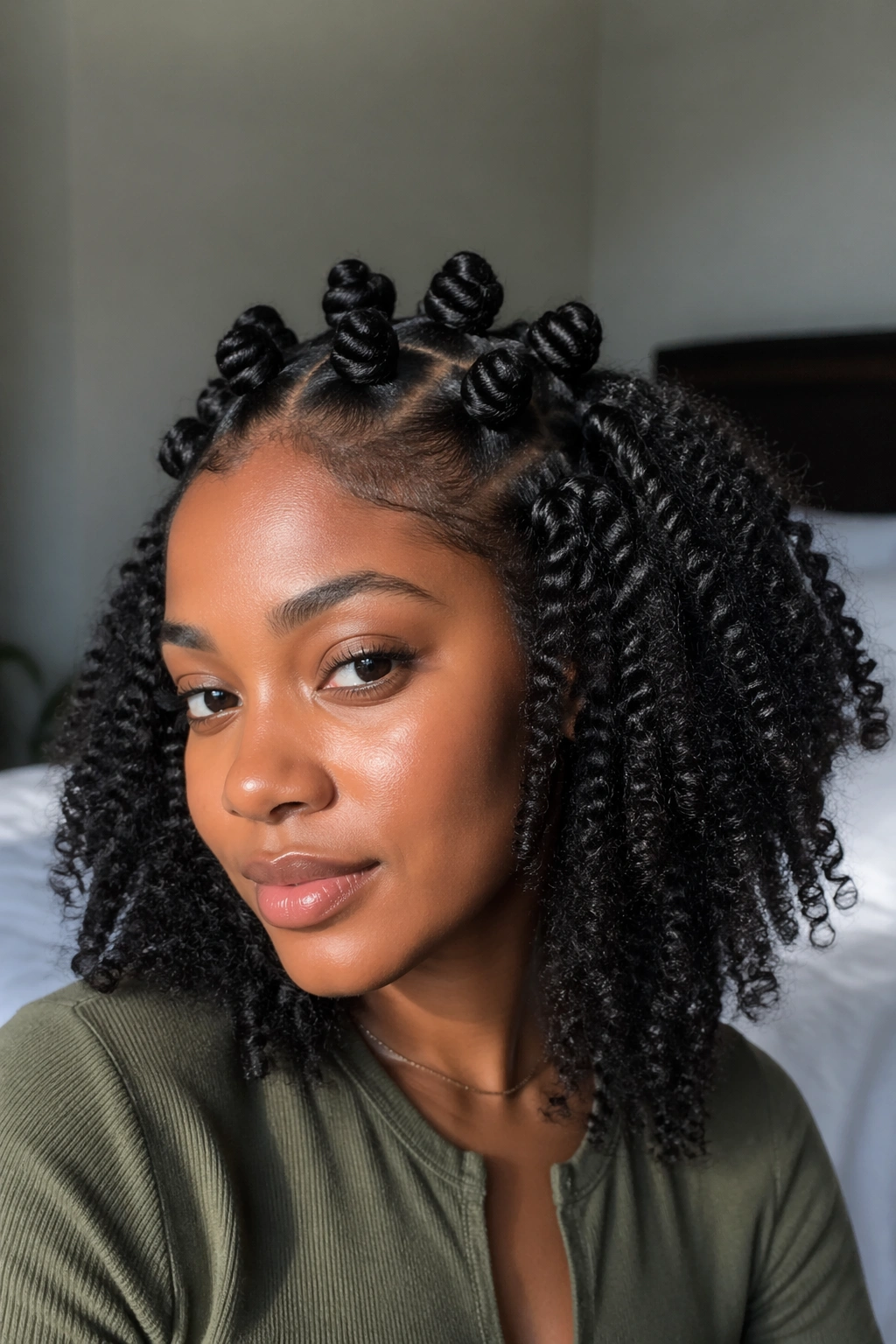Real person with overnight Bantu knots and twist-out texture.