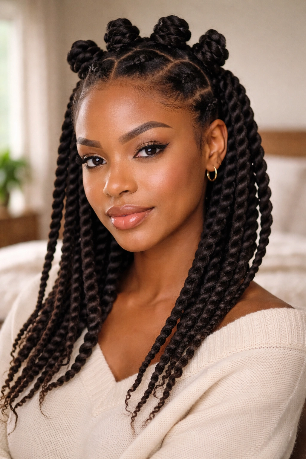 Close-up portrait of a woman with crown Bantu knots and hanging twists along the sides