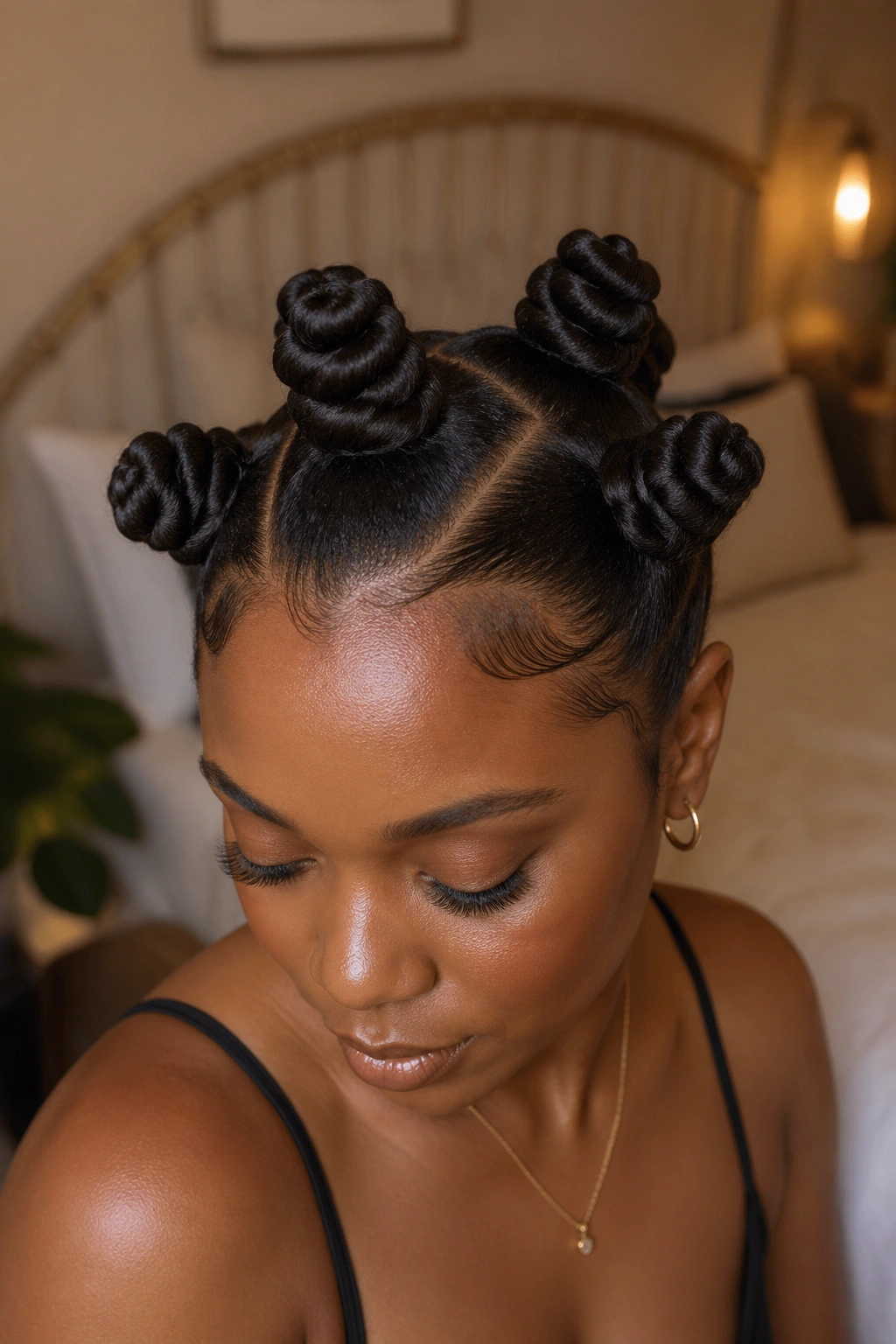 Close-up portrait of a real woman with large Bantu knots across the crown as an updo.