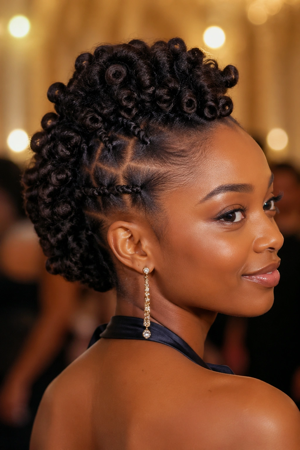 Close-up of a real Black woman with bantu knot out updo and a chic elevated styling.