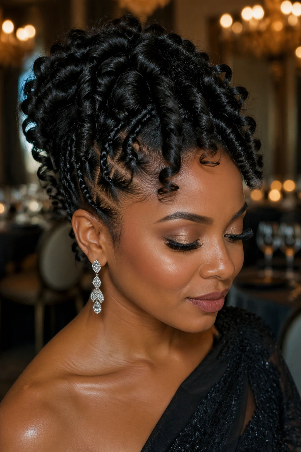 Portrait of a woman with bantu knot out spirals swept into an updo.