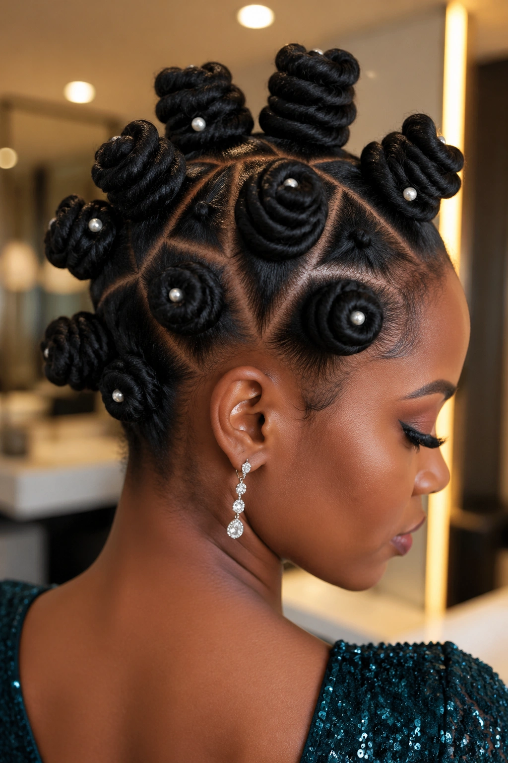 Close-up of a real woman with a Bantu knot updo