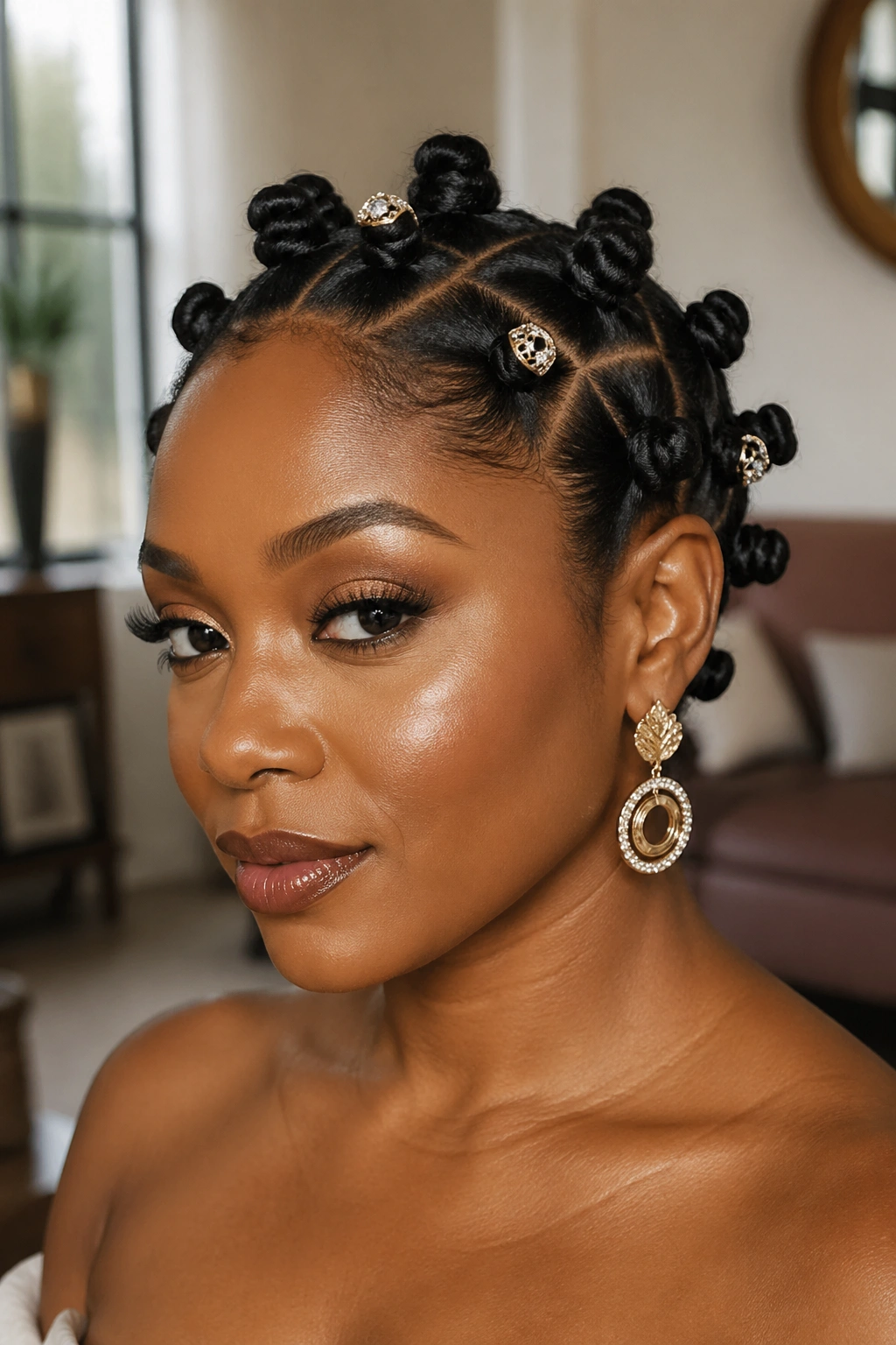 Close-up of a woman with a full head of uniform bantu knots.