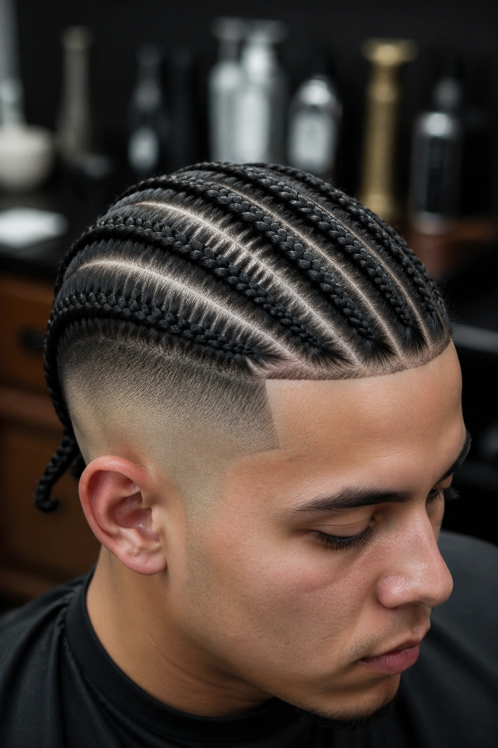 Close-up portrait of a real person with shaved sides in a barber setting.