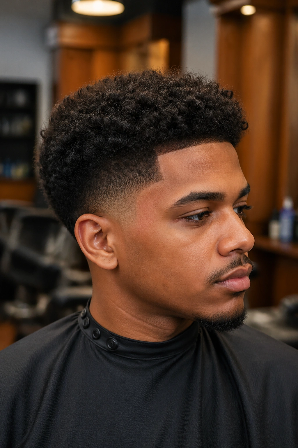 Close-up of a real man with a barbershop taper blending into natural curls