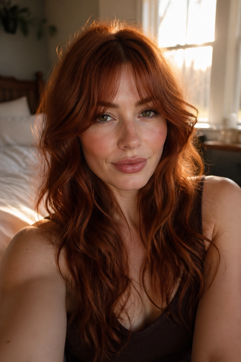 Close-up portrait of Bardot bangs with a soft split on copper auburn waves.