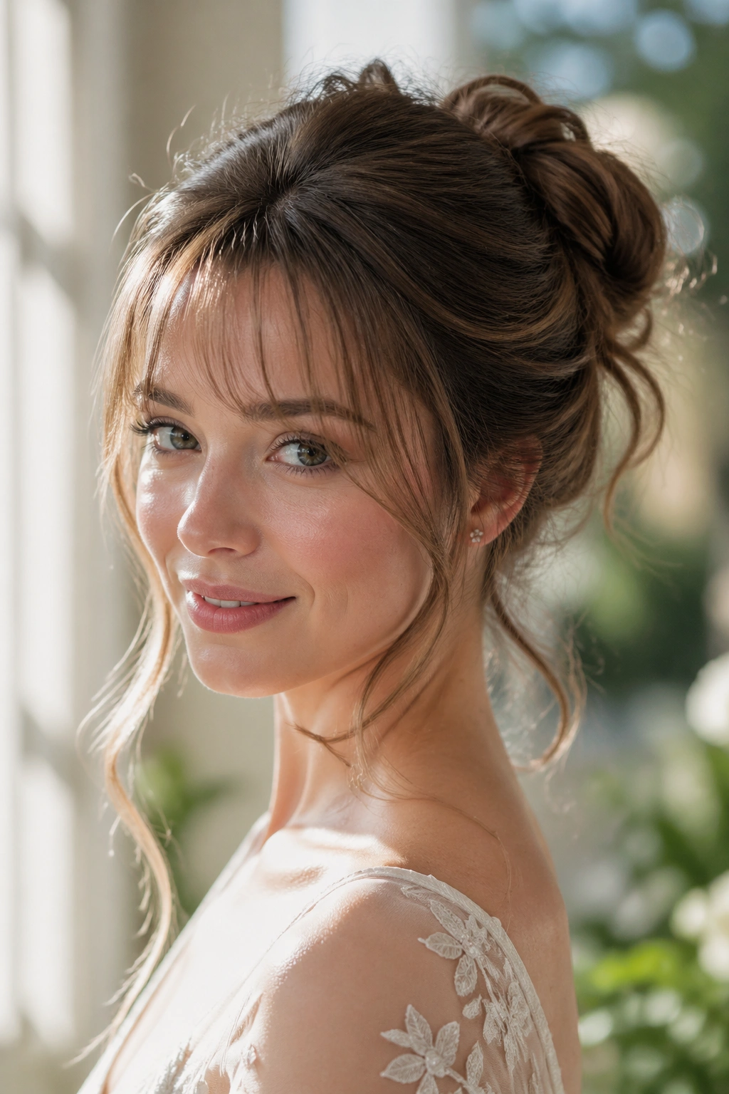 Bride wearing an airy updo with barely-there bangs