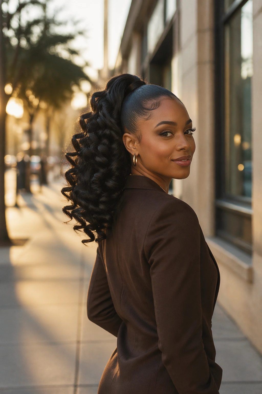 Barrel Curl Ponytail on city street at golden hour