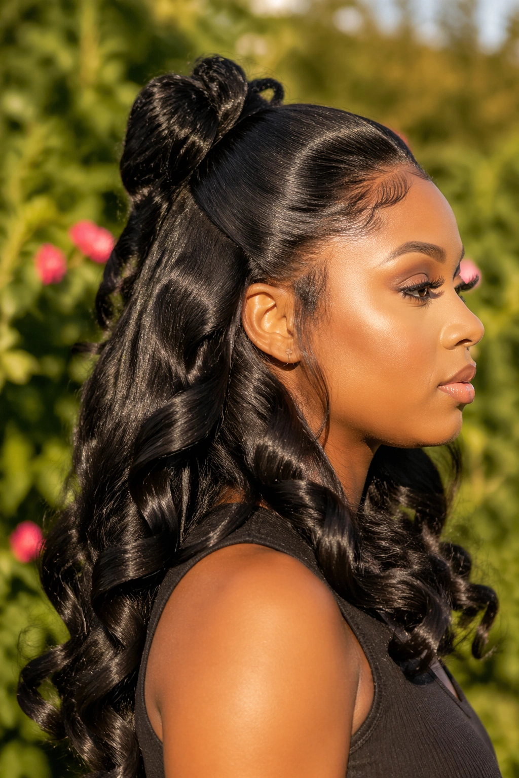 Close-up of a real woman with barrel curls in a half-up half-down weave