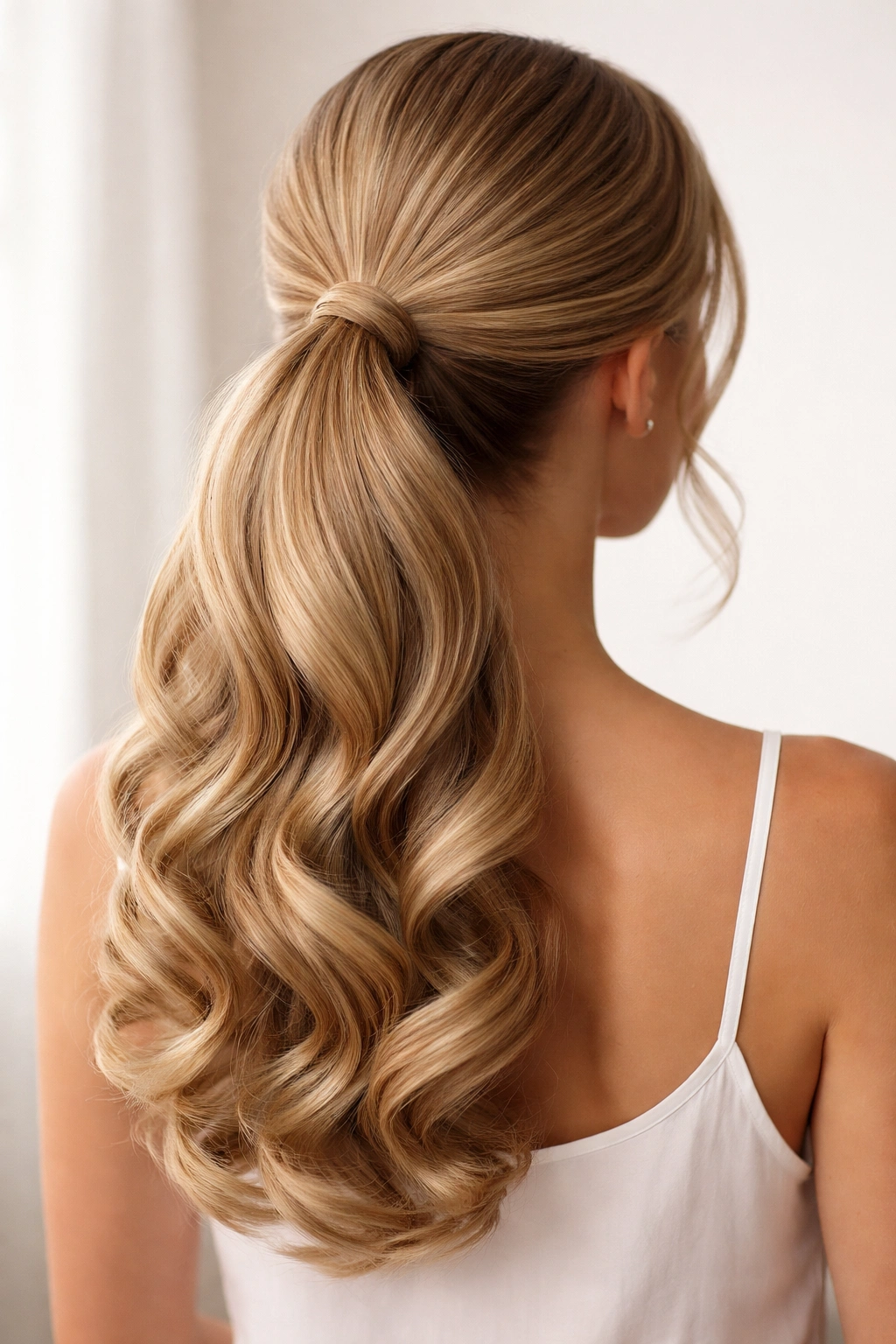 Low ponytail with barrel curls forming a rounded tail