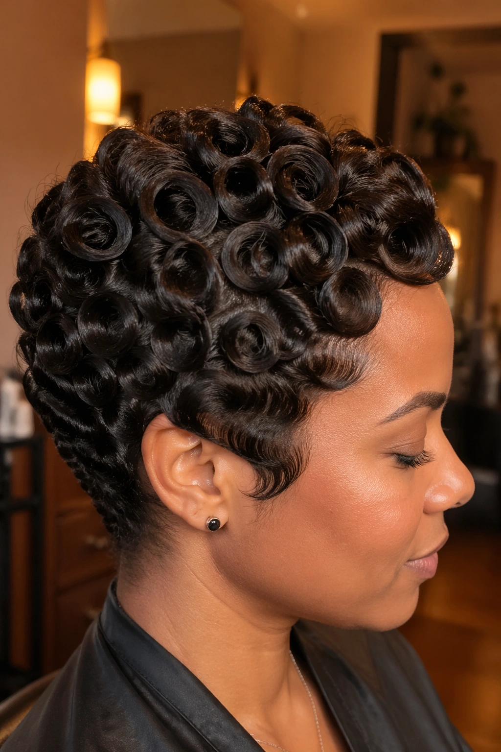 Close-up of close-to-head barrel curls in a salon setting.