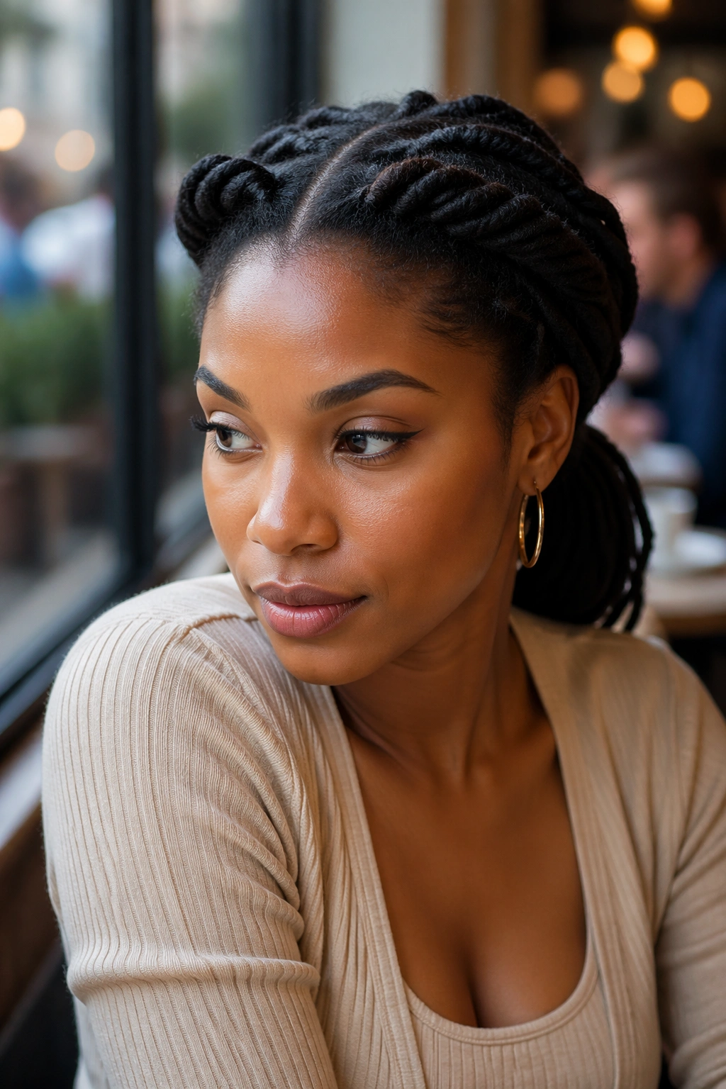 Close-up of barrel-roll front low ponytail on a real person