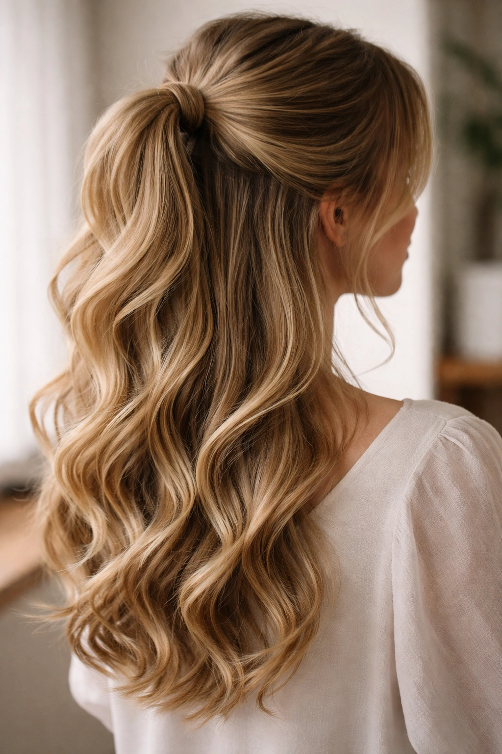 Rear three-quarter view of barrel wave half up ponytail