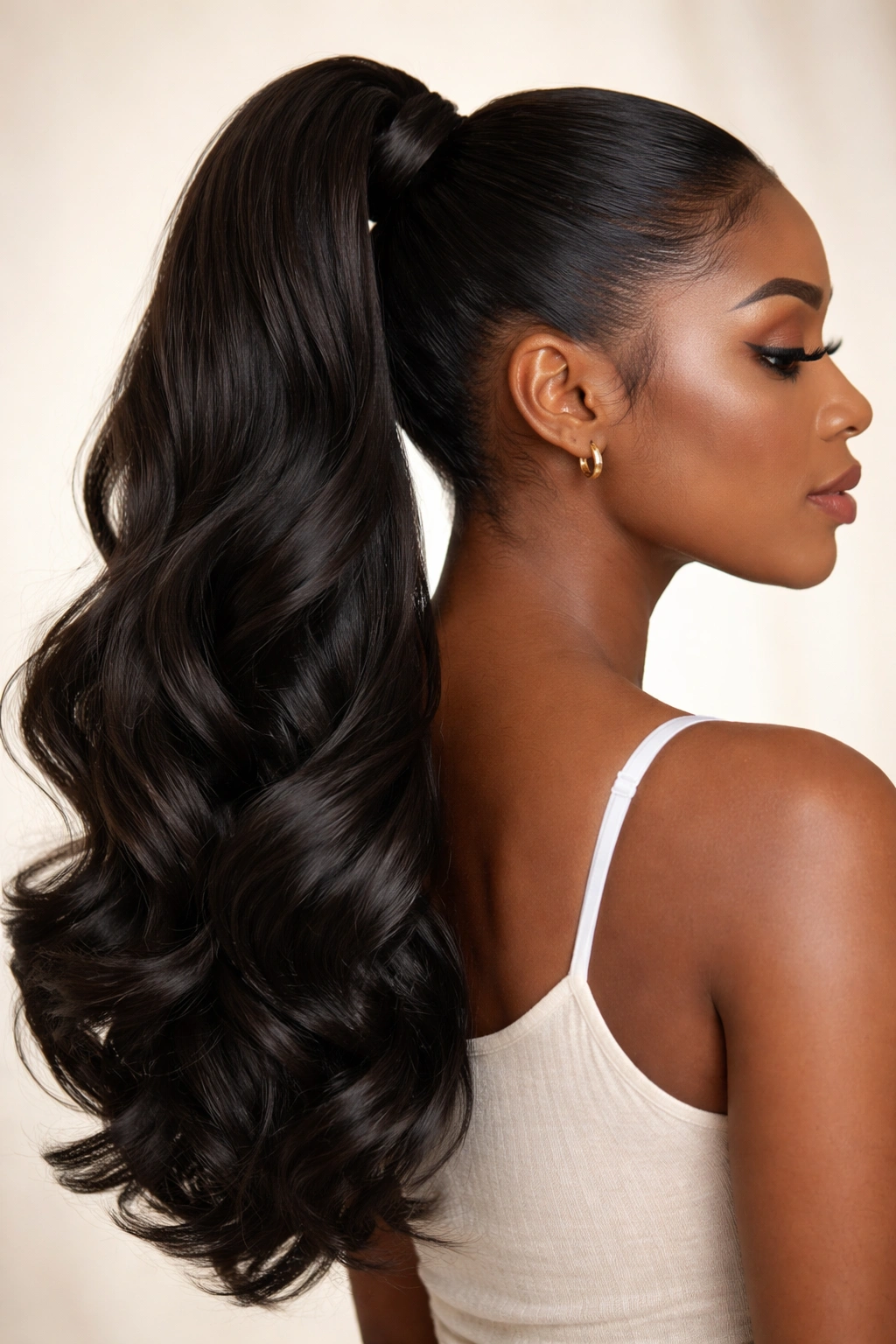 Close-up of barrel-wave high ponytail with thick, swingy ends and glossy waves