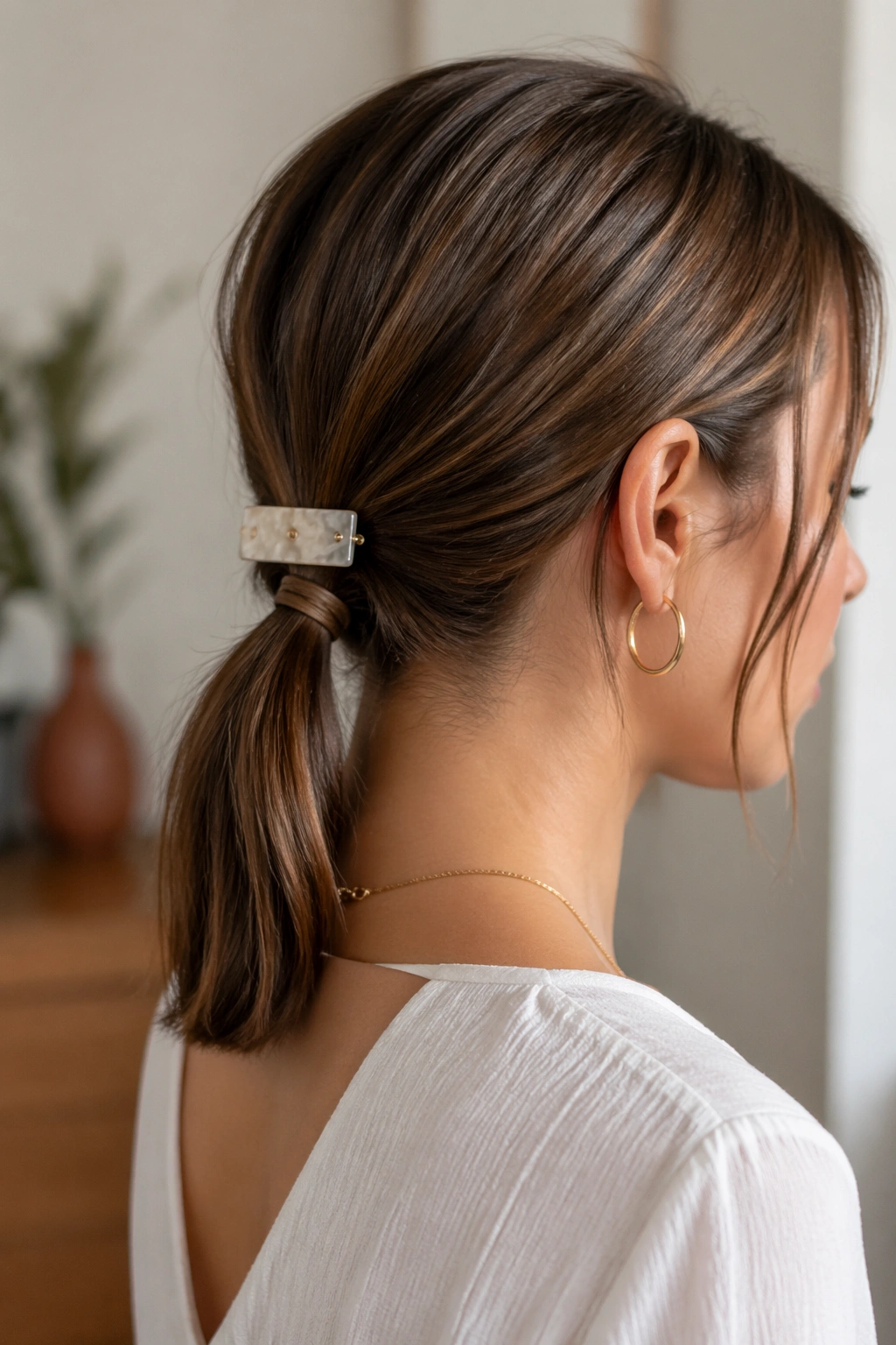 Portrait of a real woman with a clipped-back ponytail and barrette detail