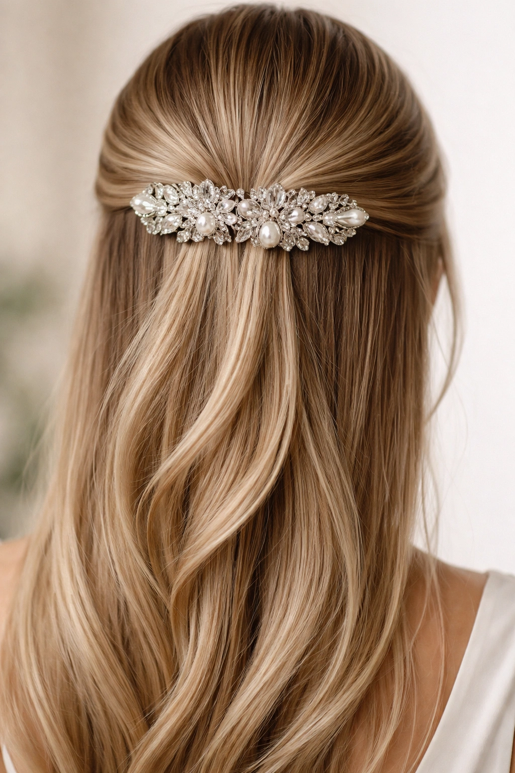 Large jeweled barrette pinned over a half-up hairstyle