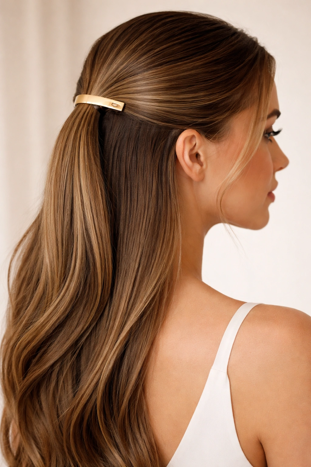Close-up of a half pony with a single barrette securing the top, hair smooth and polished