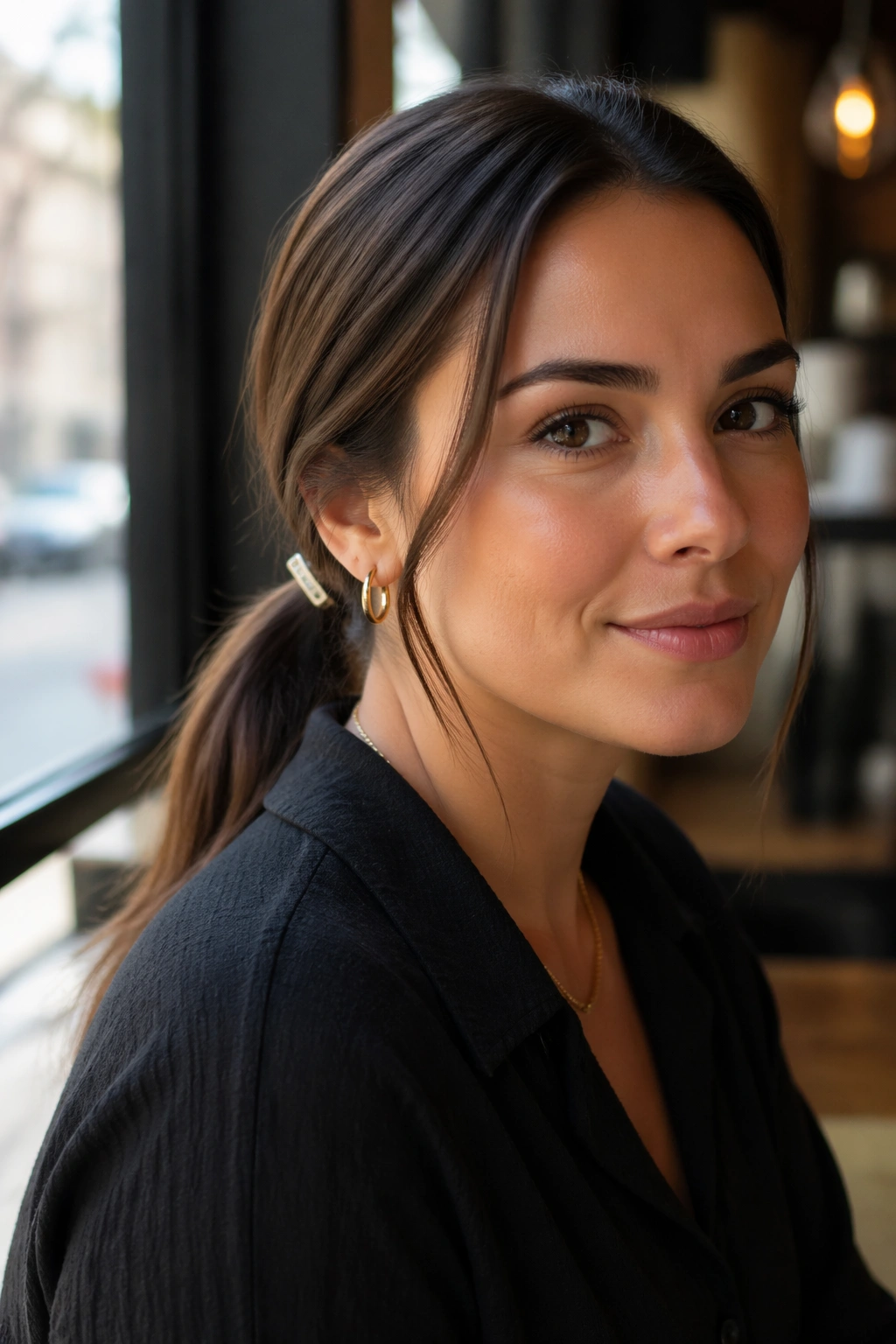 Real woman with minimalist barrette ponytail, discreet barrette, natural light.