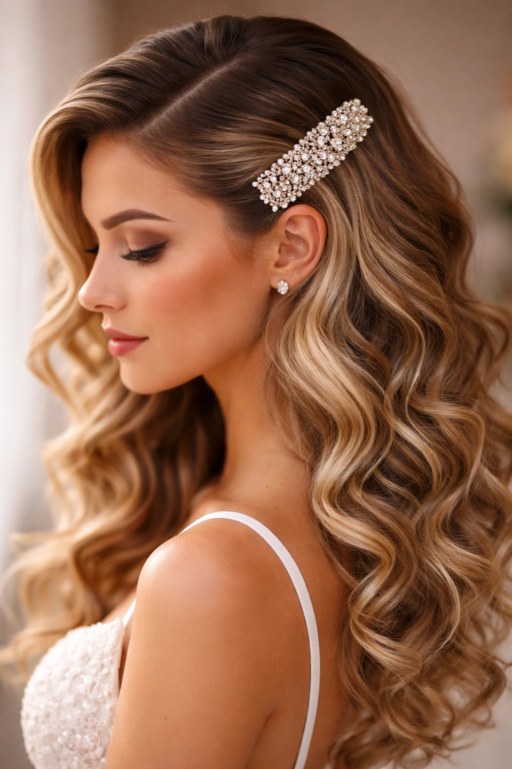 Close-up side profile of curly hair with a large barrette behind the temple