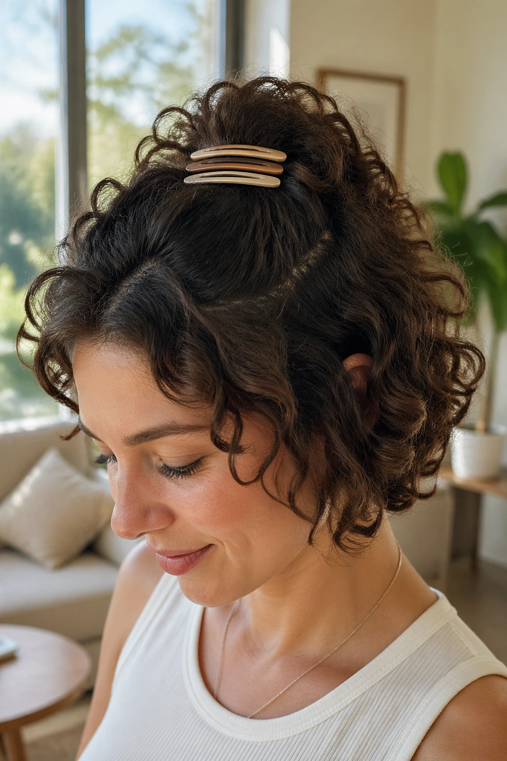 Close-up of a real woman with a scrunched half-up secured by a barrette stack.
