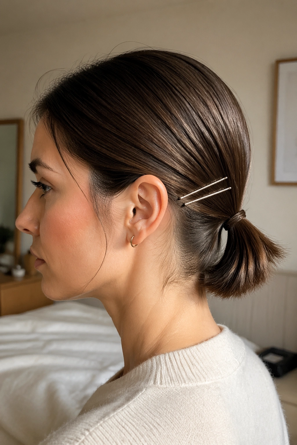 Real woman with barrette-stack ponytail showing two slim barrettes