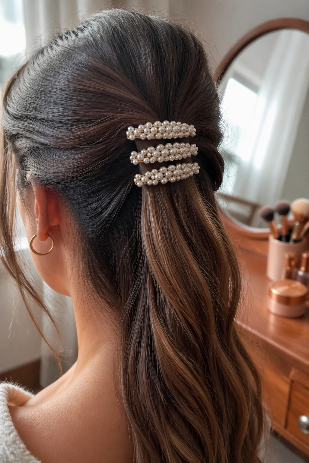 Close-up of stacked barrettes in a half-up ponytail.