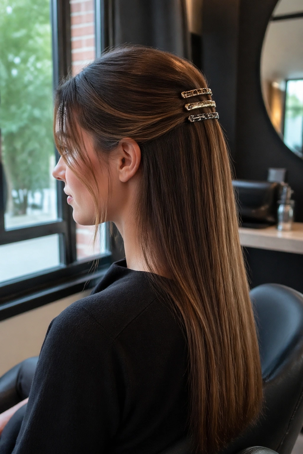 Side profile of a half-up hairstyle with stacked barrettes.
