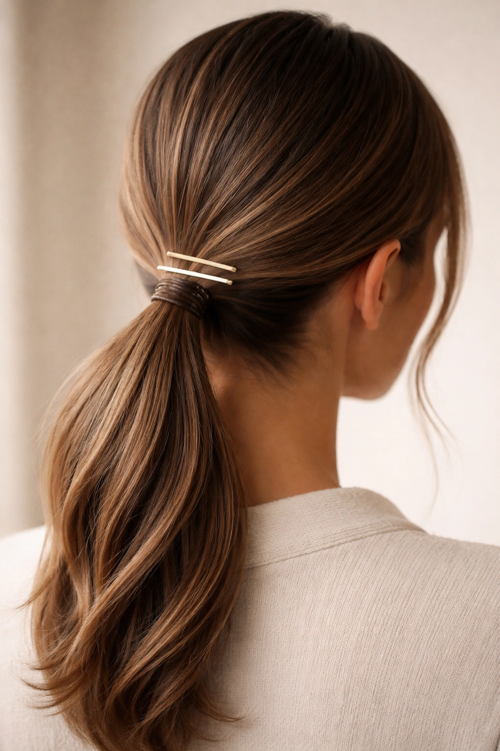 Back view of a low ponytail with stacked slim barrettes above the elastic