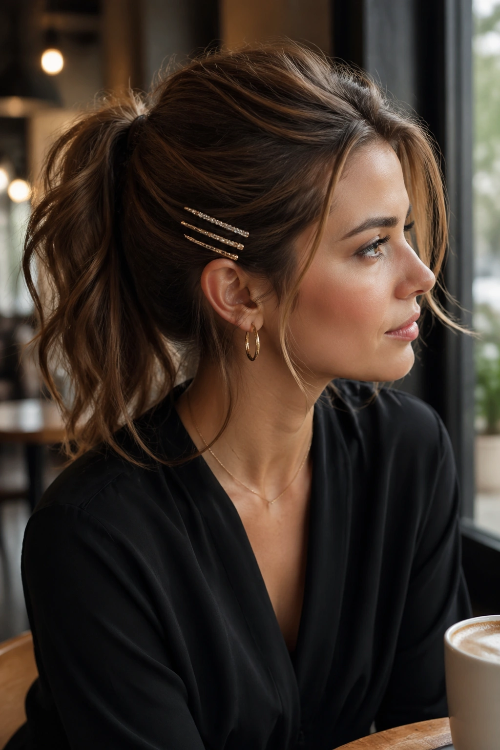 Close-up of a real woman with tousled ponytail and decorative barrettes along one side