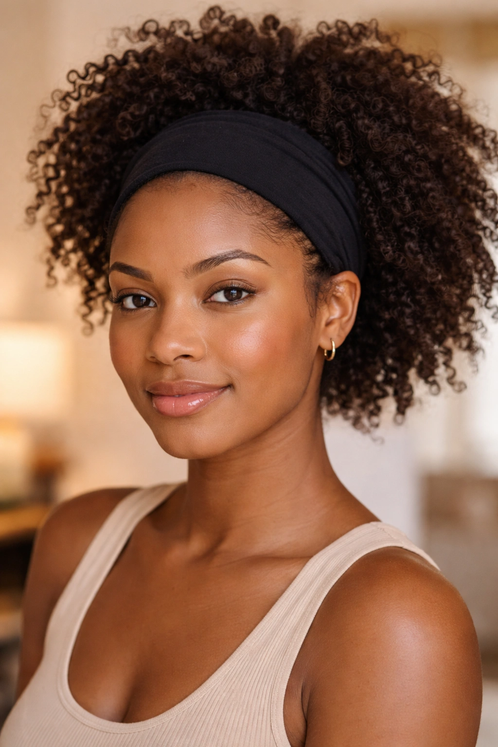 Portrait of a person wearing a basic wide fabric headband positioned behind the hairline.