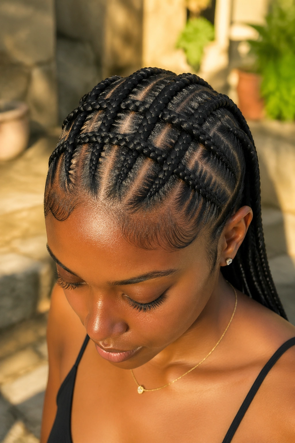 Close-up of a real woman showing a basket weave pattern across the top of the head