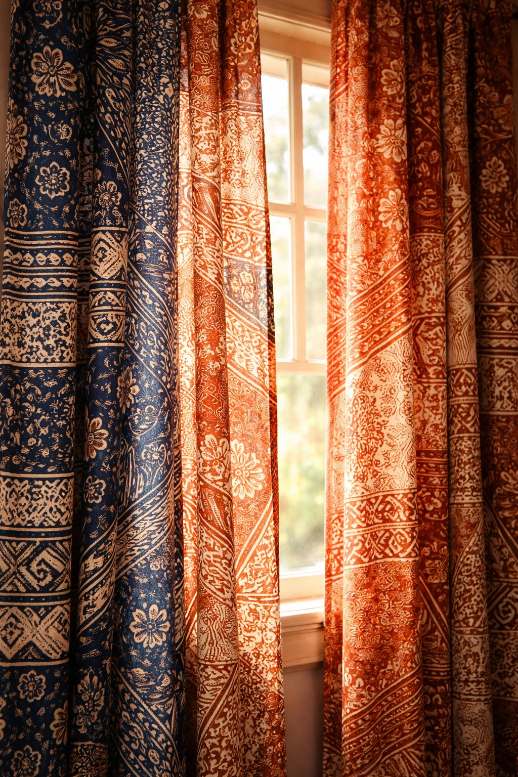 Batik-printed curtains with indigo and earth-toned patterns in natural light