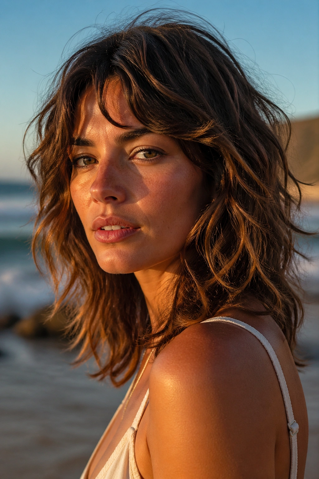Close-up portrait of a real woman with a beach-tousled wavy shag on a sunny beach.