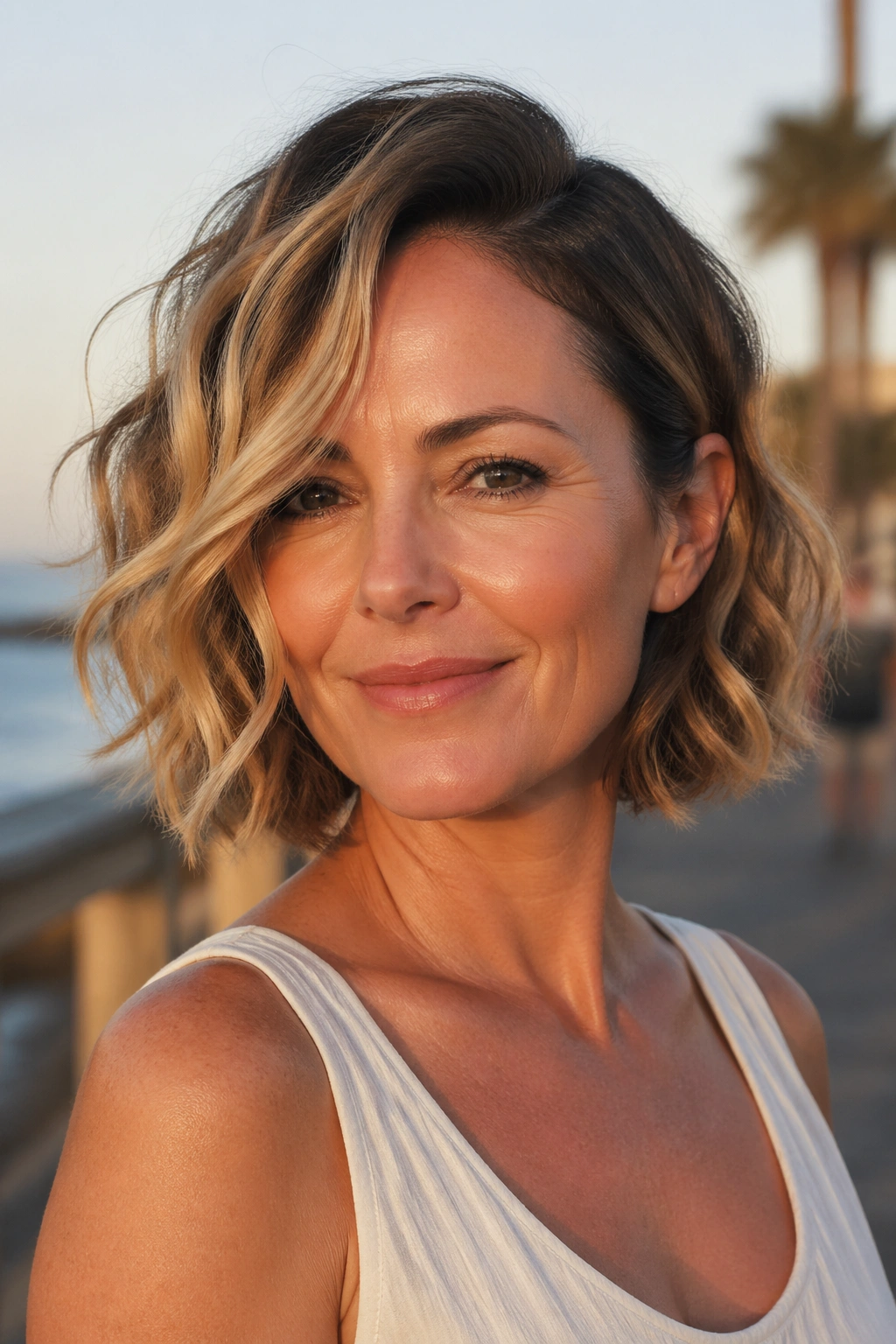 Portrait of a real woman with a beach-wave bob and deep side part on seaside boardwalk during golden hour.