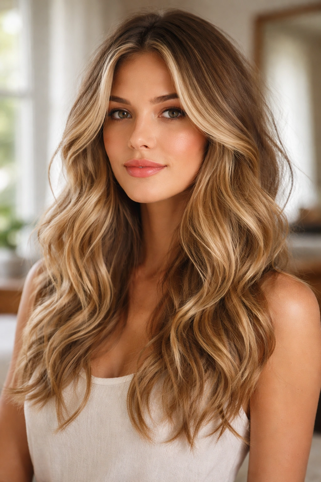 Close-up portrait of a woman with beach wave cut and loose waves.