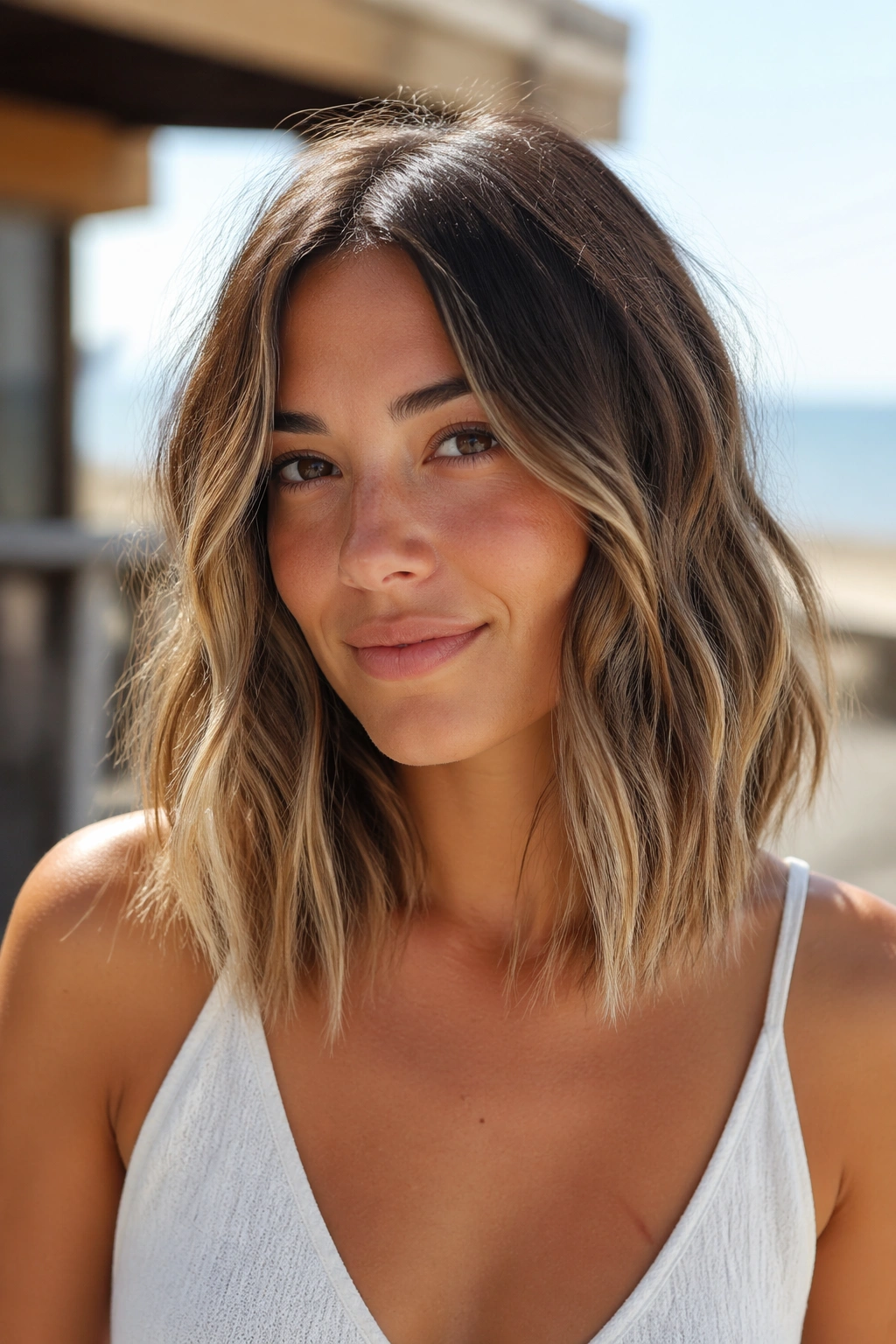 Close-up of a real woman with tousled beach-wave lob