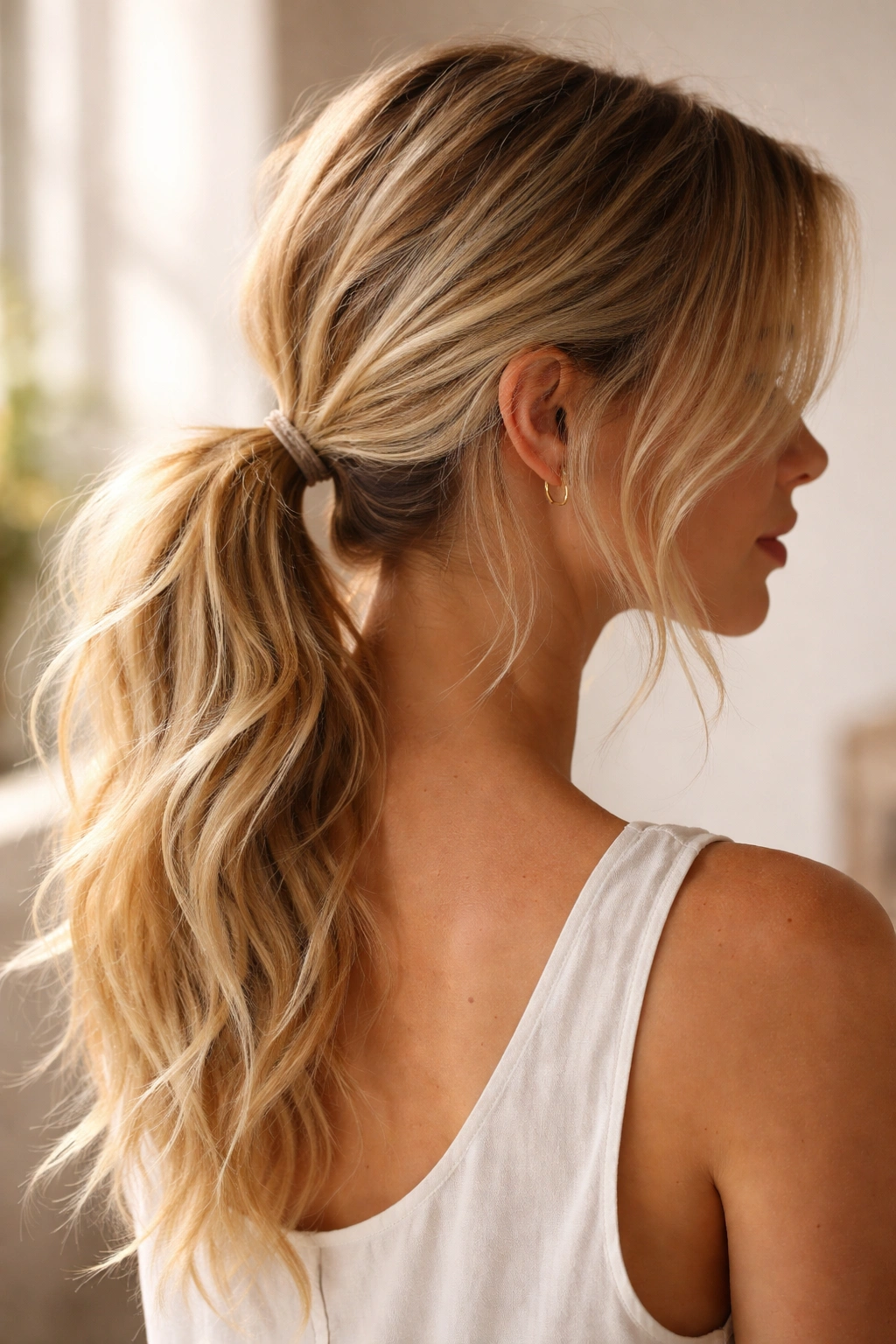 Close-up of a blonde low ponytail with loose beach-wave texture and subtle face-framing strands