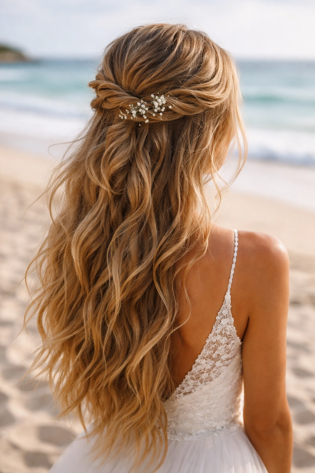 Half-Up for a Beach Wedding hairstyle with soft twists on windy beach