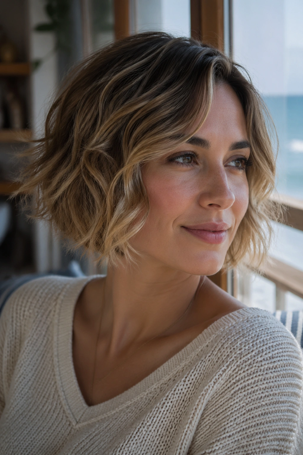 Close-up of real woman with beachy bob and hidden internal layers