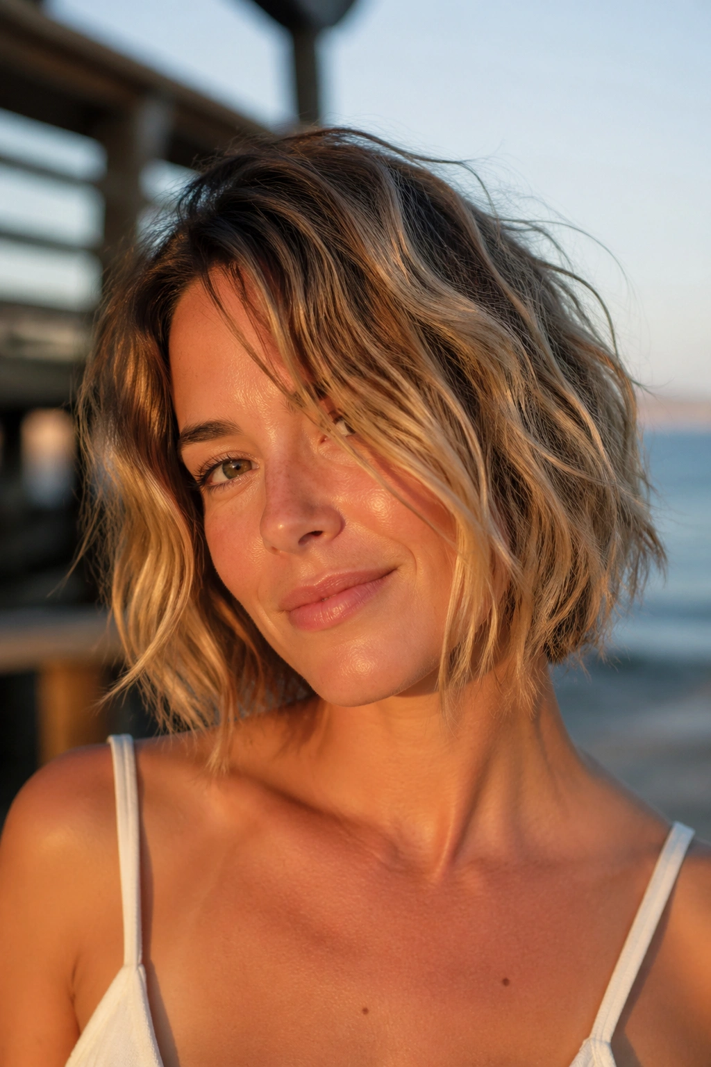 Real woman with beachy short bob and long layers in bright outdoor light.
