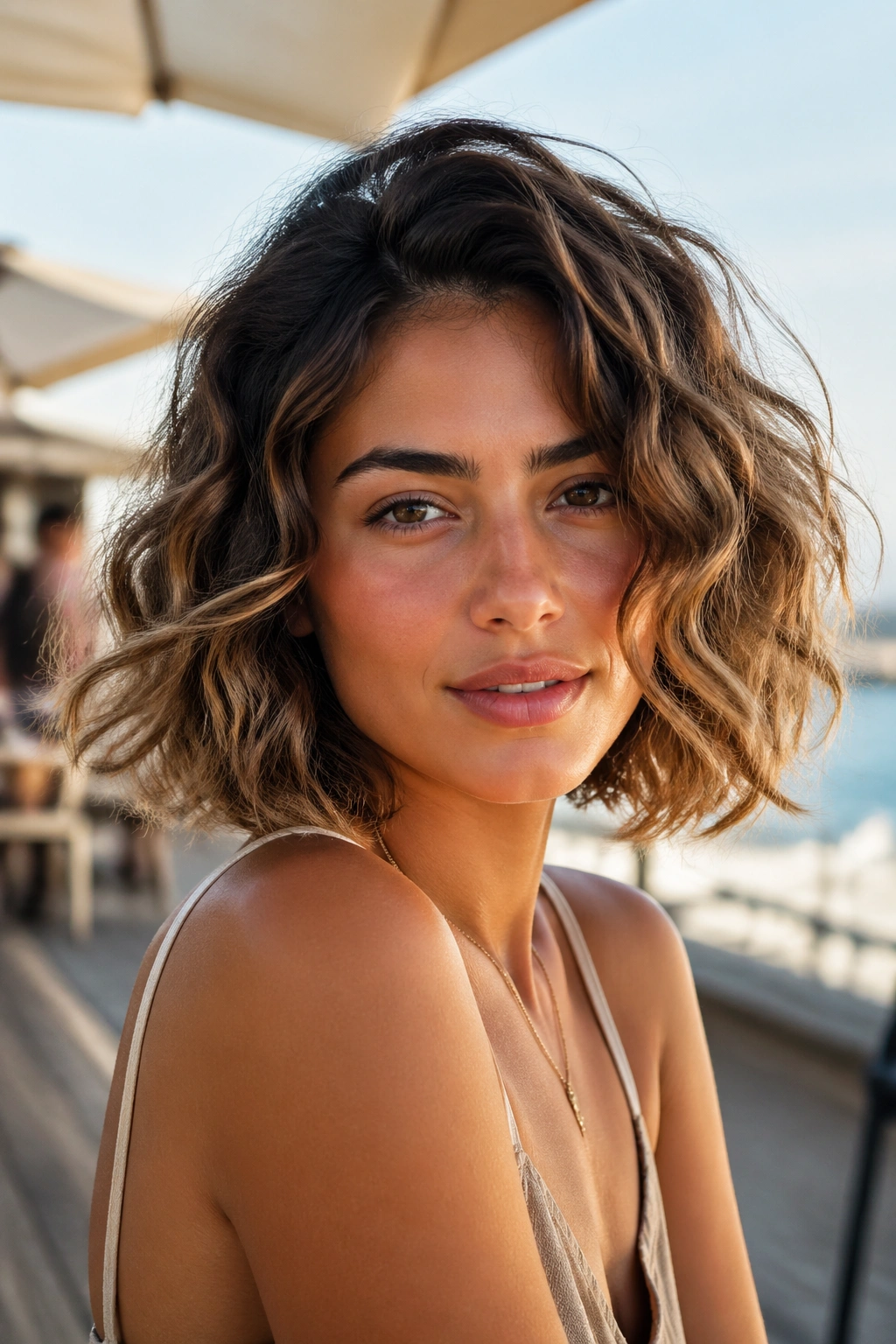 Real woman with beachy bob and S-curve waves in sunlit outdoor setting.