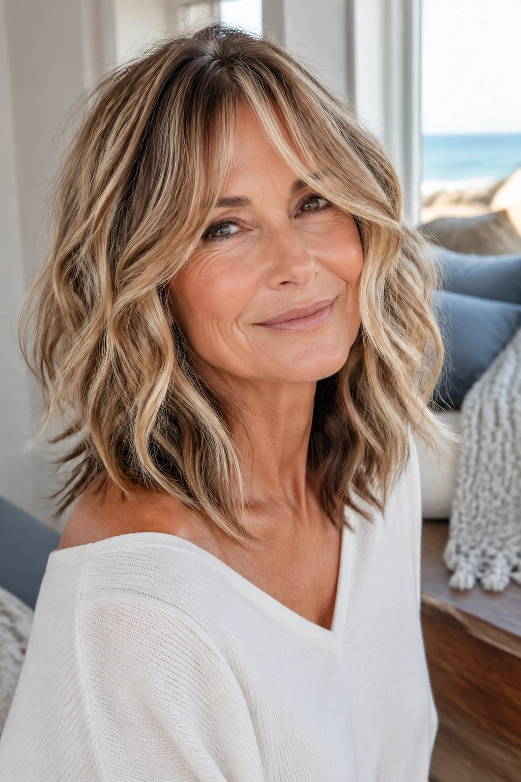 Close-up of a woman with beachy layered waves that air-dry into relaxed texture.