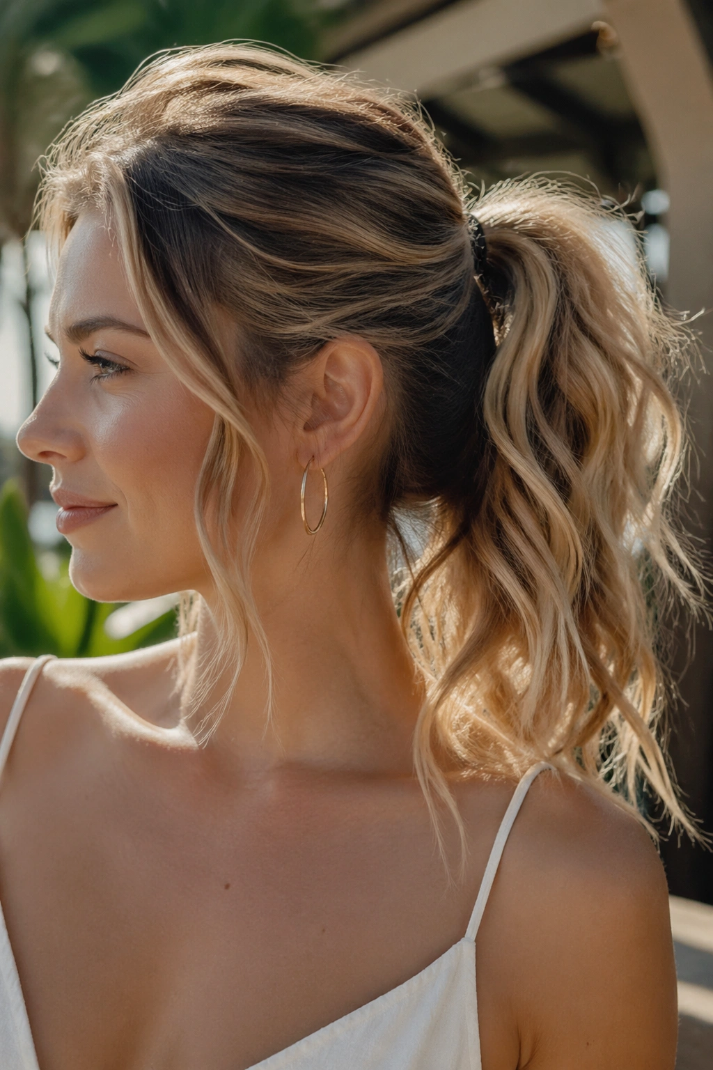 Real woman with beachy waved ponytail in warm sunlight